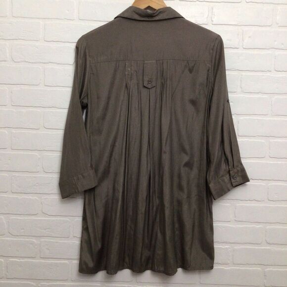 2/40$ CONTEMPORAINE pleated long blouse tunic maroon medium shinny 3/4 sleeves - Picture 2 of 16